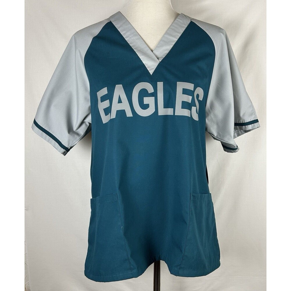 Scrub Dudz Philadelphia Eagles NFL Women’s Medium Top V-Neck Teal Gray Pockets